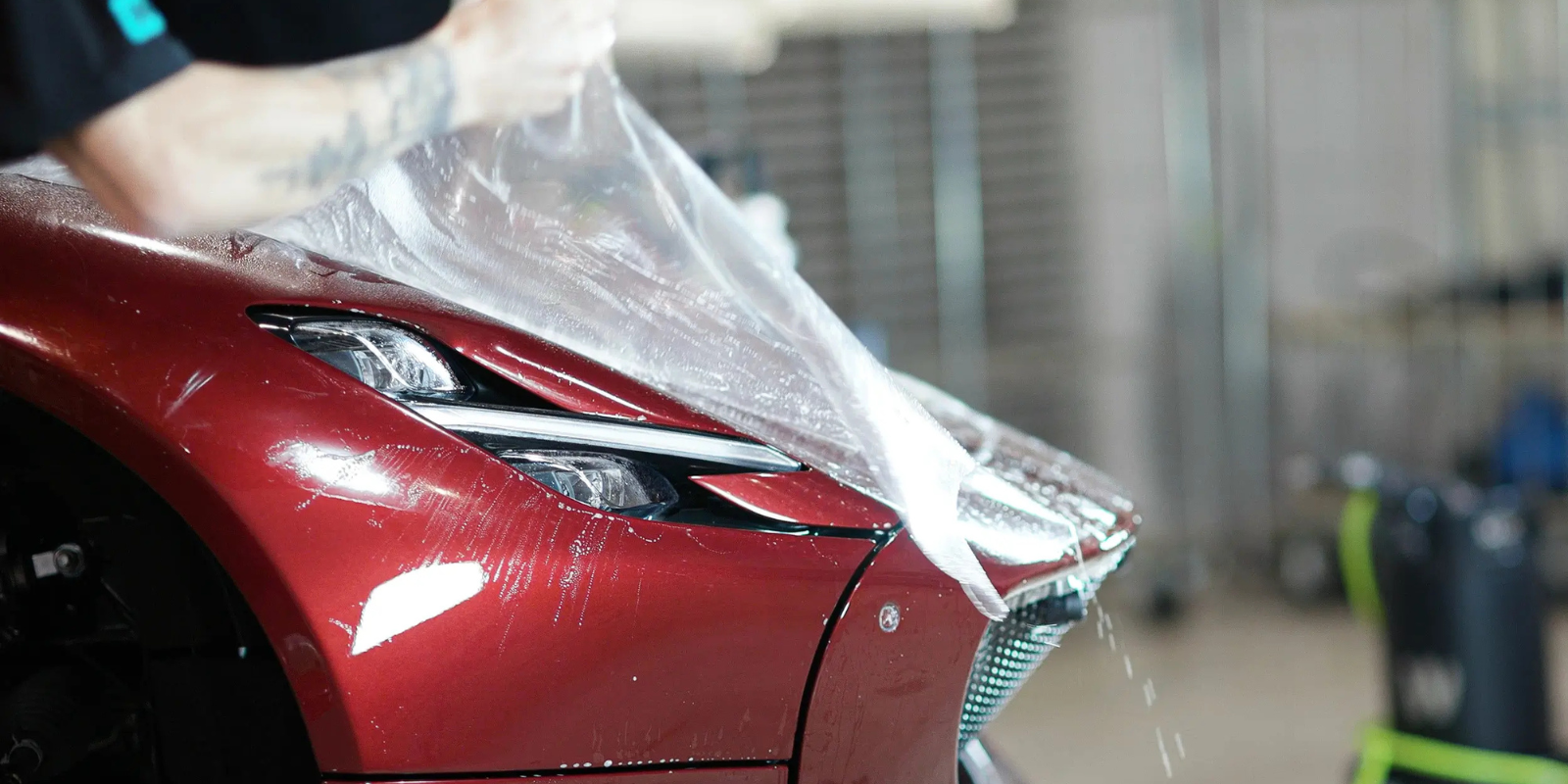 Gyeon PPF Folie installeres på rød bil i kontrollerede omgivelser